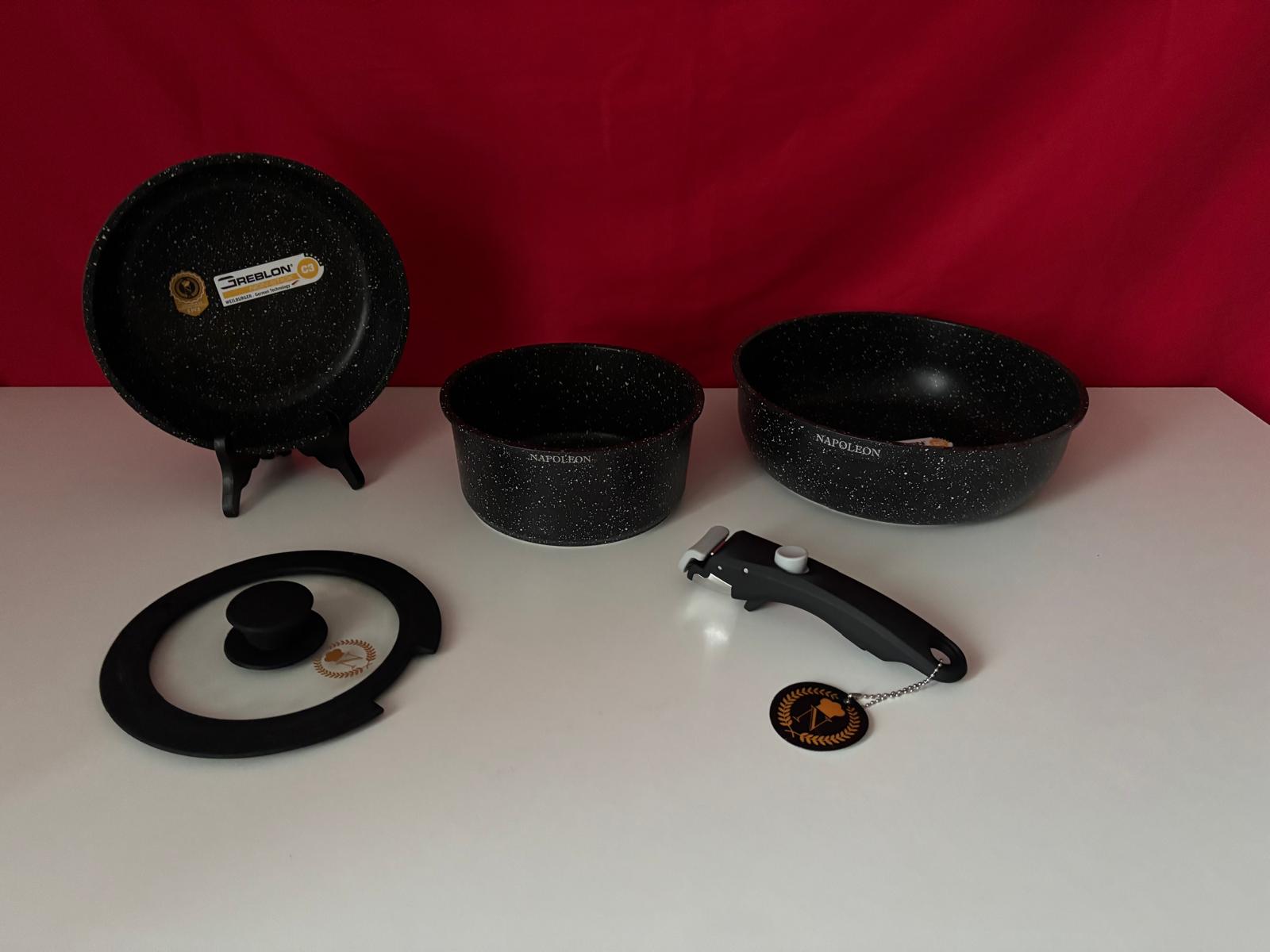 Batterie de cuisine Napoléon – Revêtement pierre – Poignée amovible