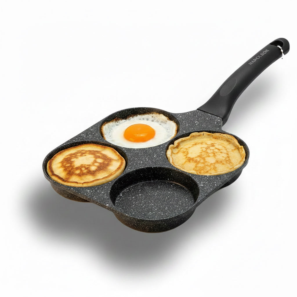 Poêle 4 empreintes Fluffy Pancakes / Blinis Napoléon Impérial 18 × 18 cm – Ø 9 cm | Revêtement Greblon C3+ | Tous feux dont induction