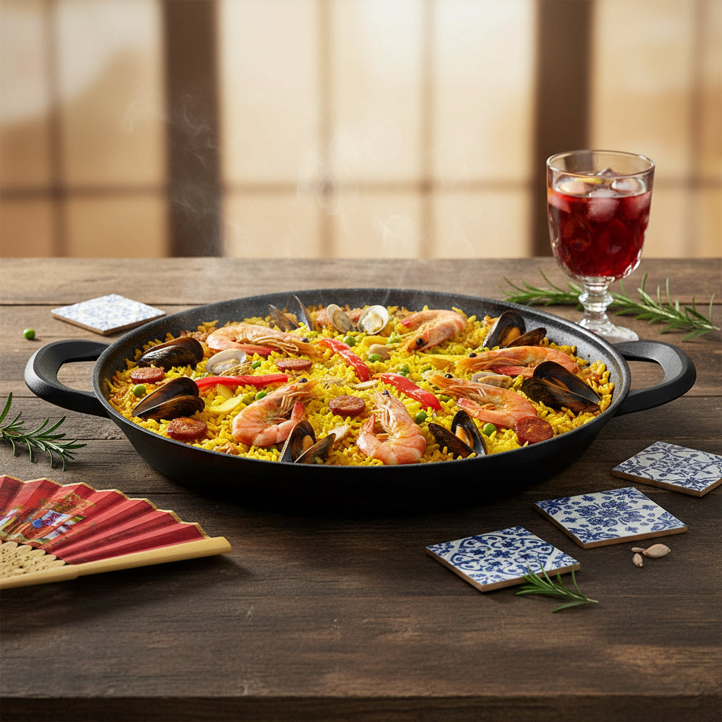 Plat à paella Napoléon Impérial 32 cm avec couvercle et maniques en silicone – Tous feux dont induction | Revêtement anti-adhérent sans PFOA